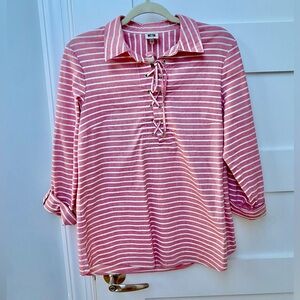 Anne Klein pink and white casual three quarter sleeve polo blouse